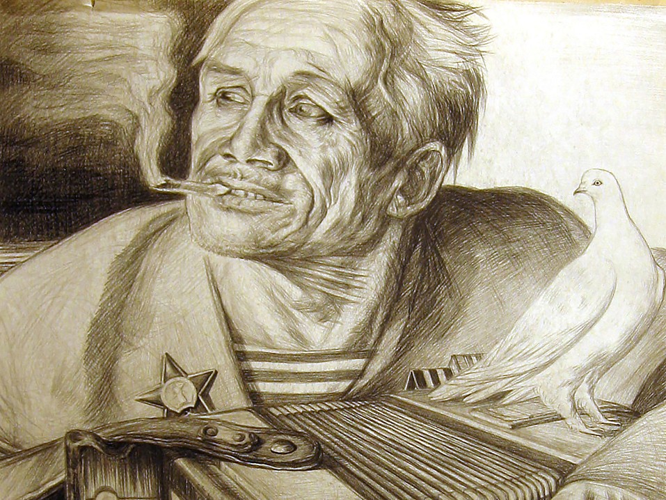 Валаамский гармонист. Фрагмент незаконченного рисунка Геннадия Доброва. Бумага, карандаш. 1974 год.