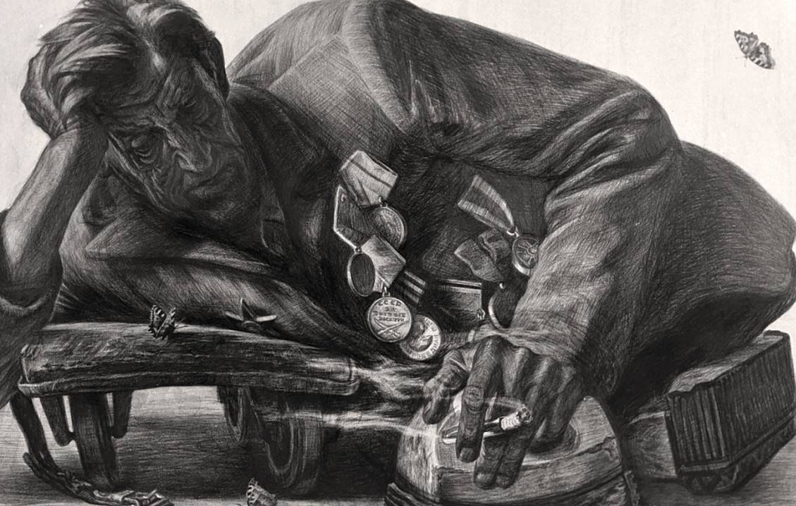 Отдых в пути. Портрет солдата Алексея Курганова. Геннадий Добров, Омская область, 1975.