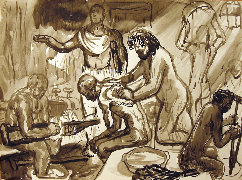 Банный день. Рисунок Геннадия Доброва, Тушь, бумагаВалаам, 1974