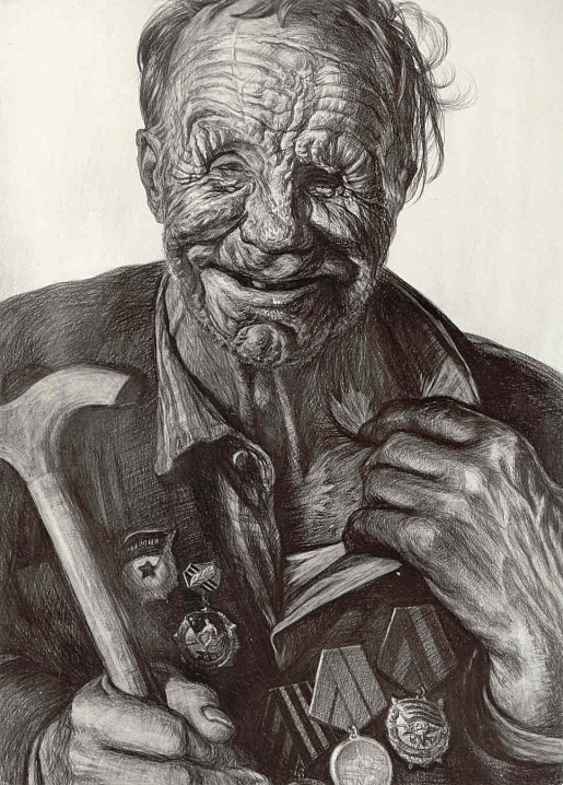Защитник Невской Дубровки. Солдат Александр Абрамов. Рисунок Геннадия Доброва. Бумага, карандаш. Валаам, 1974 год.