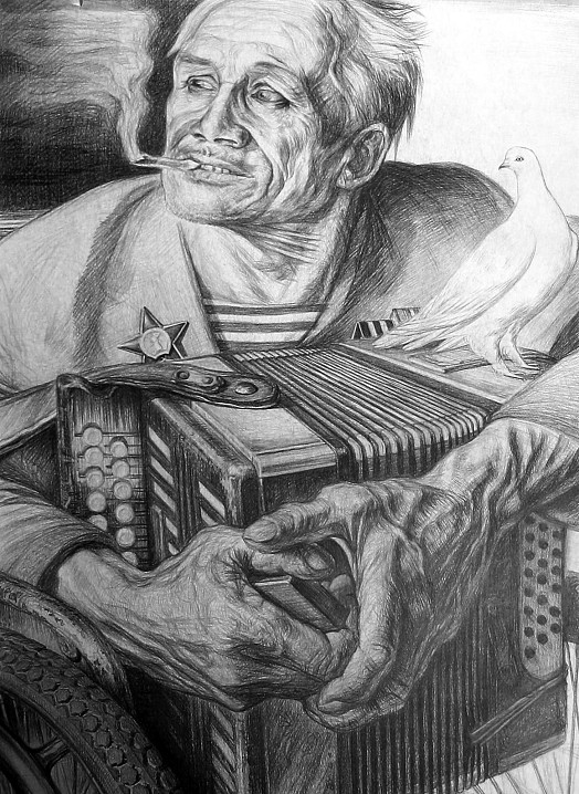 Валаамский гармонист. Незаконченный рисунок Г.М. Доброва. Карандаш, бумага. Валаам, 1974 год.