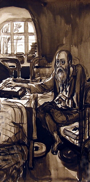 Юра Писарев. Рисунок Геннадия Доброва, Тушь, бумага. Валаам, 1974.